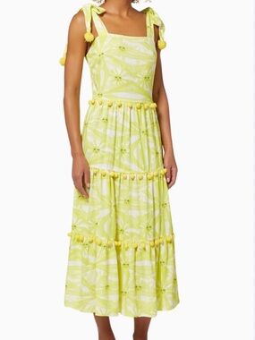 Never Fully Dressed Yellow and White sunburst tiered Pom Pom dress